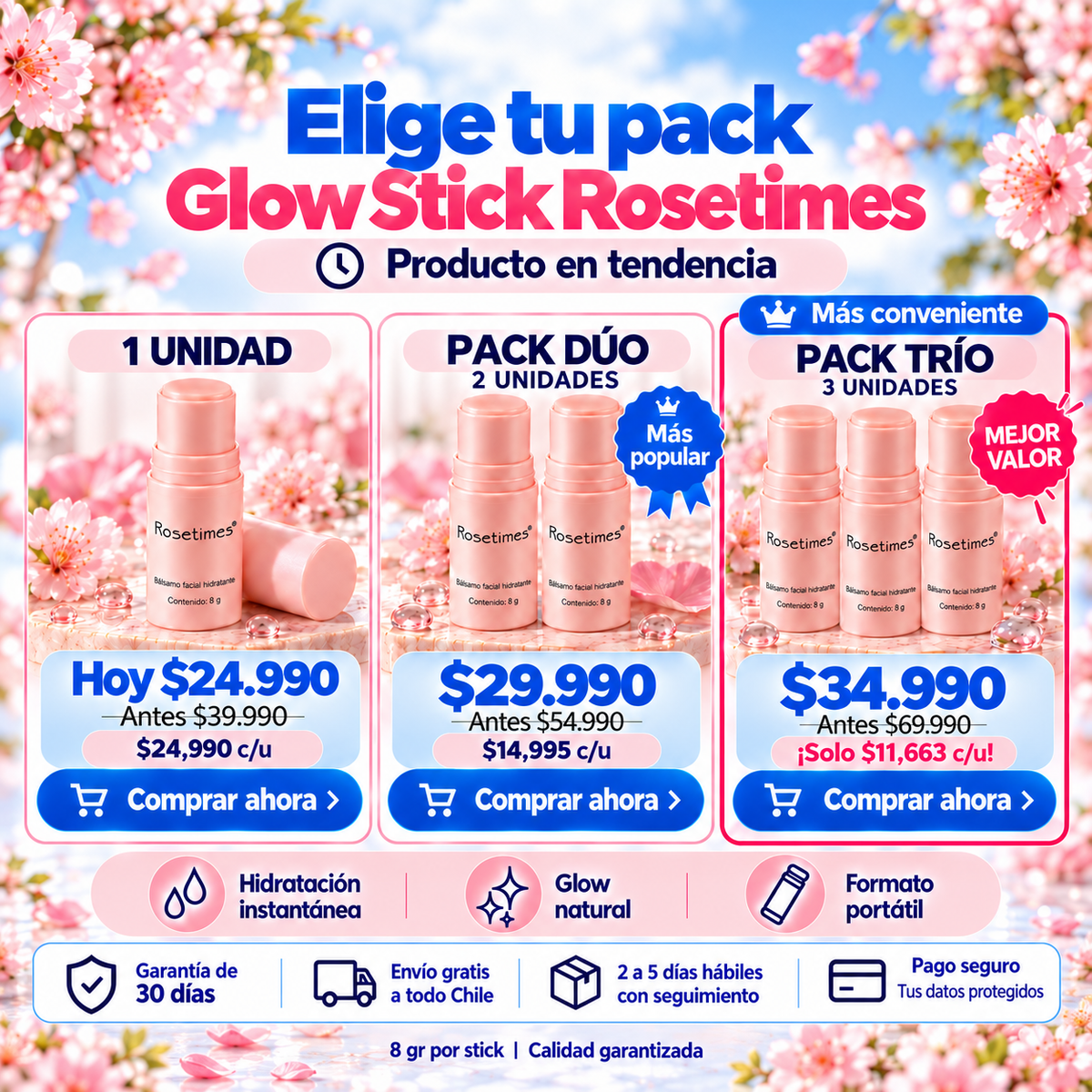 Elige tu pack: 1 unidad $24.990, Pack Dúo $29.990 ($14.995 c/u), Pack Trío $34.990 ($11.663 c/u)