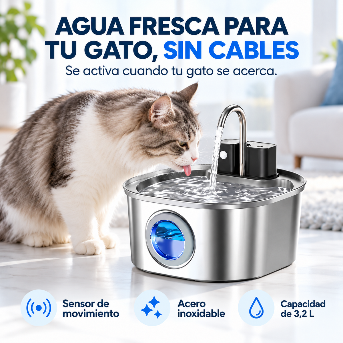 Fuente de agua para gatos de acero inoxidable 3,2 L sin cables con sensor de movimiento