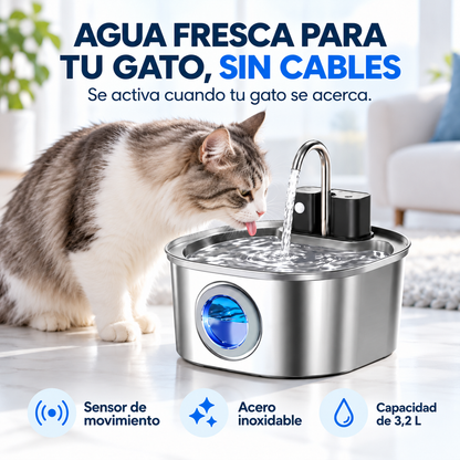 Fuente de agua para gatos de acero inoxidable 3,2 L sin cables con sensor de movimiento