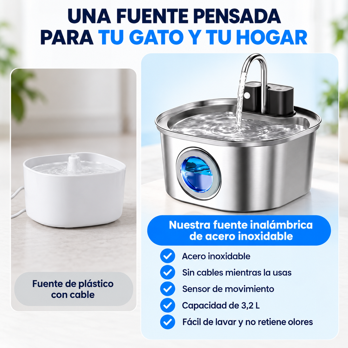 Fuente de plástico con cable vs fuente inalámbrica de acero inoxidable de 3,2 L