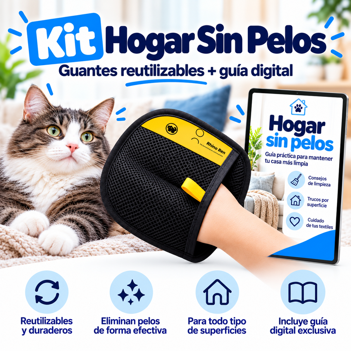 Kit Hogar Sin Pelos: guantes reutilizables Rhino Ben + guía digital