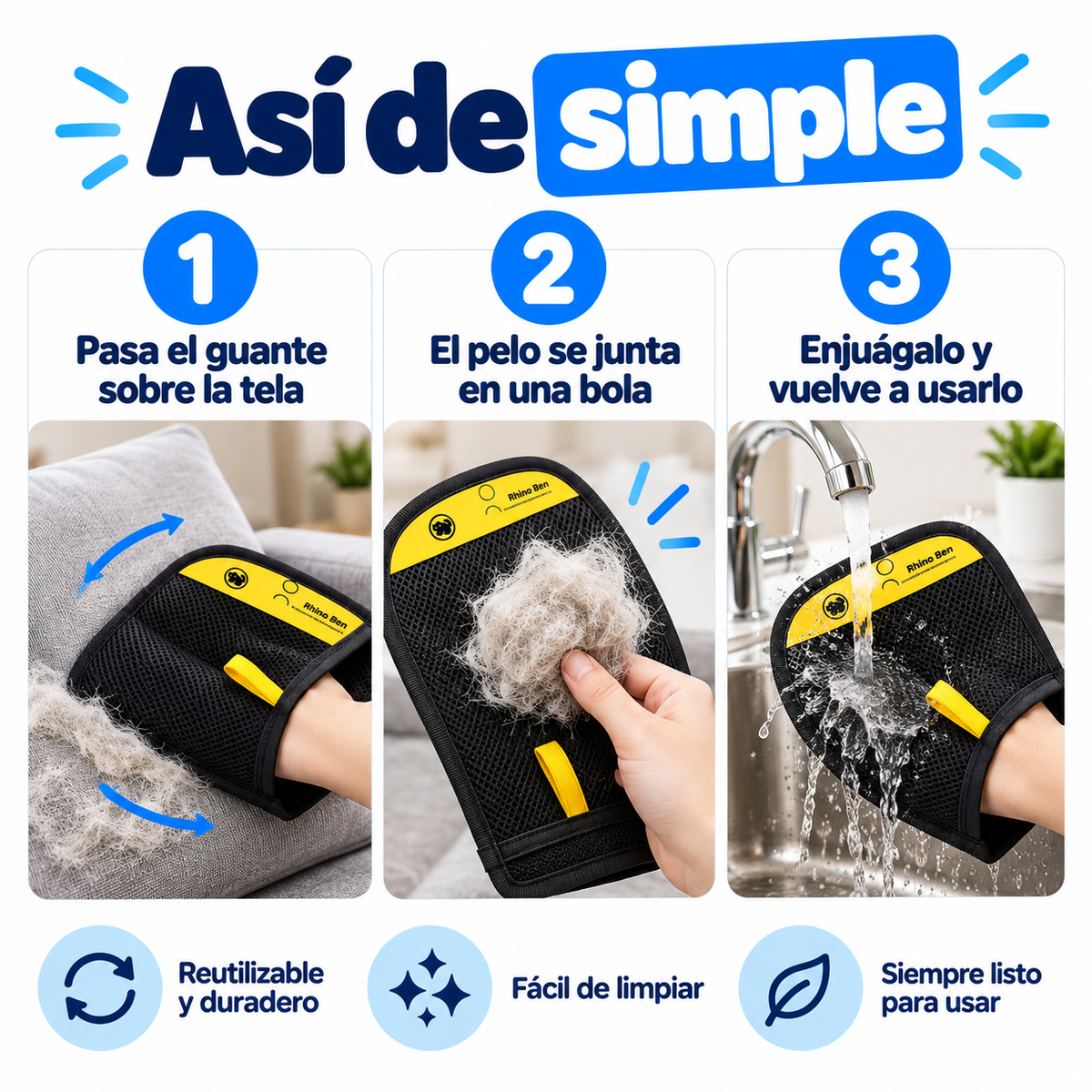 Así de simple: pasa el guante, el pelo se junta en una bola, enjuágalo y vuelve a usarlo