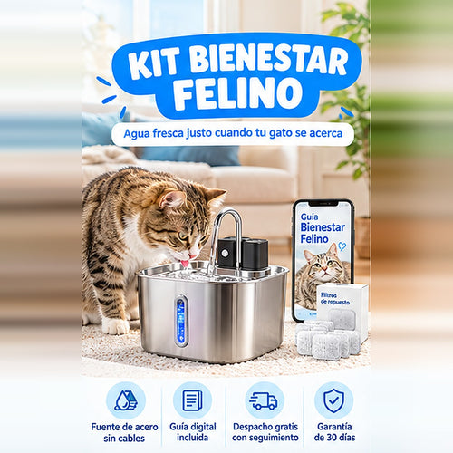 Kit Bienestar Felino: fuente de acero sin cables, guía digital, despacho gratis y garantía de 30 días