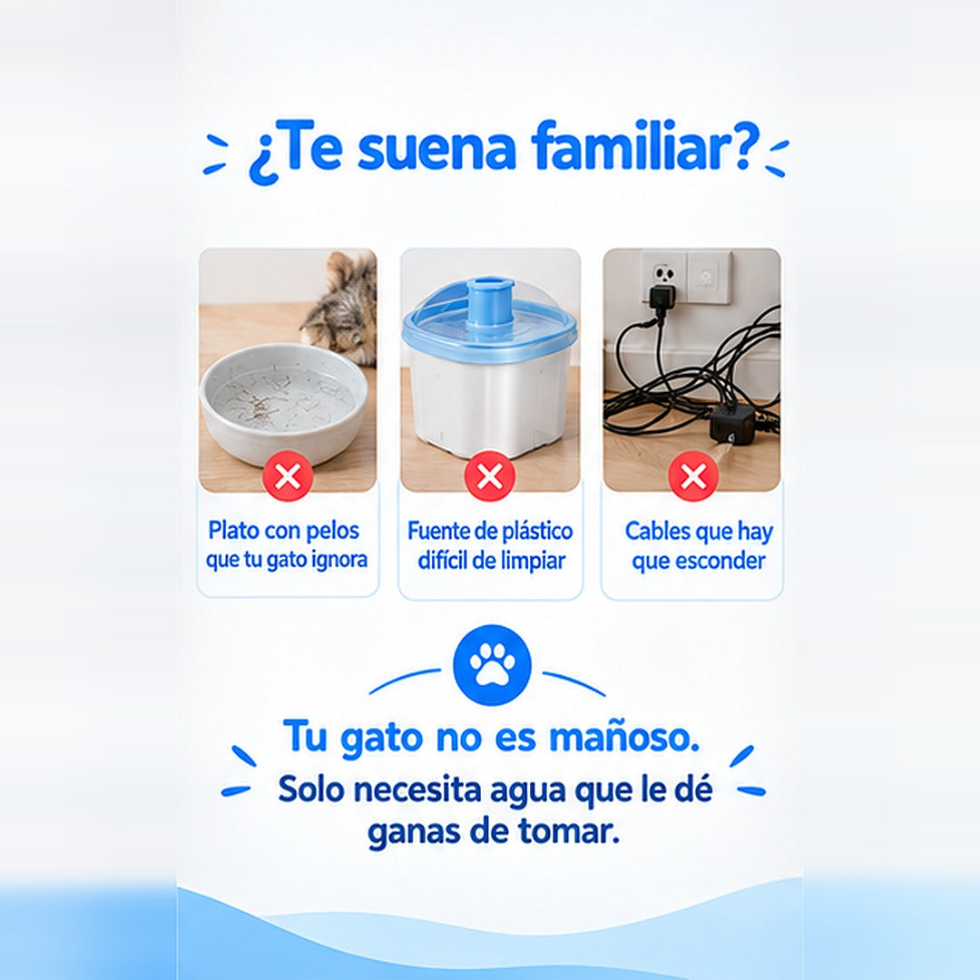 ¿Te suena familiar? Plato con pelos, fuente de plástico difícil de limpiar y cables que hay que esconder